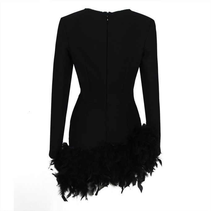 V Neck Long Sleeve Feather Mini Bandage Dress HL9113