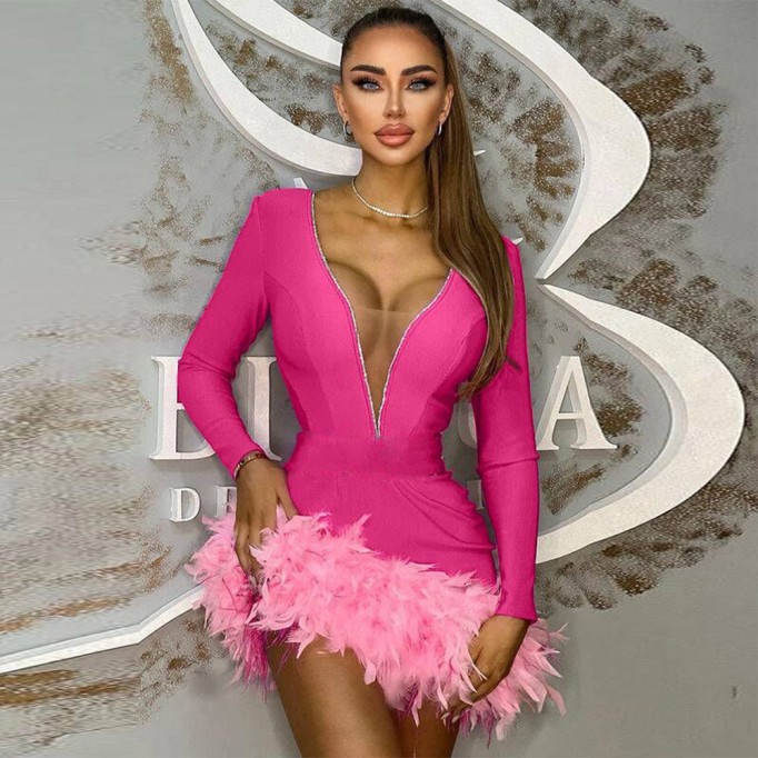 V Neck Long Sleeve Feather Mini Bandage Dress HL9113