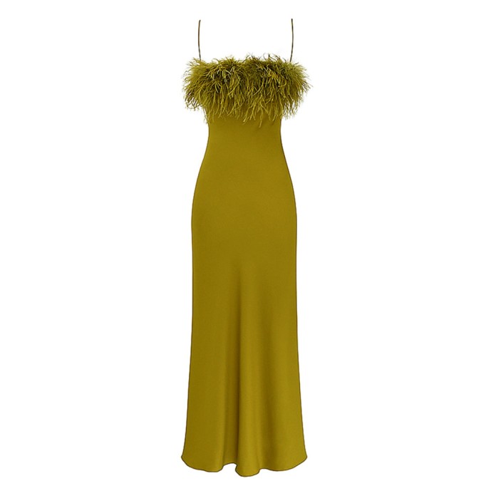 Strappy Sleeveless Feather Maxi Bodycon Dress KLYF711