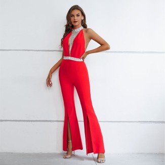 High Neck Sleeveless Shiny Bandage Jumpsuit PZC2227