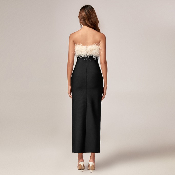 Feather Trim High Slit Bandage Cocktail Dress