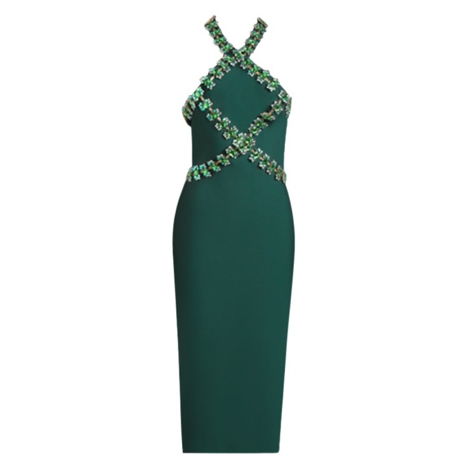 Halter Sleeveless Diamente Embellished Midi Bandage Dress PZC2218