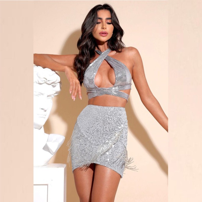 Halter Sleeveless Sequins Bodycon Set KLYBA893B