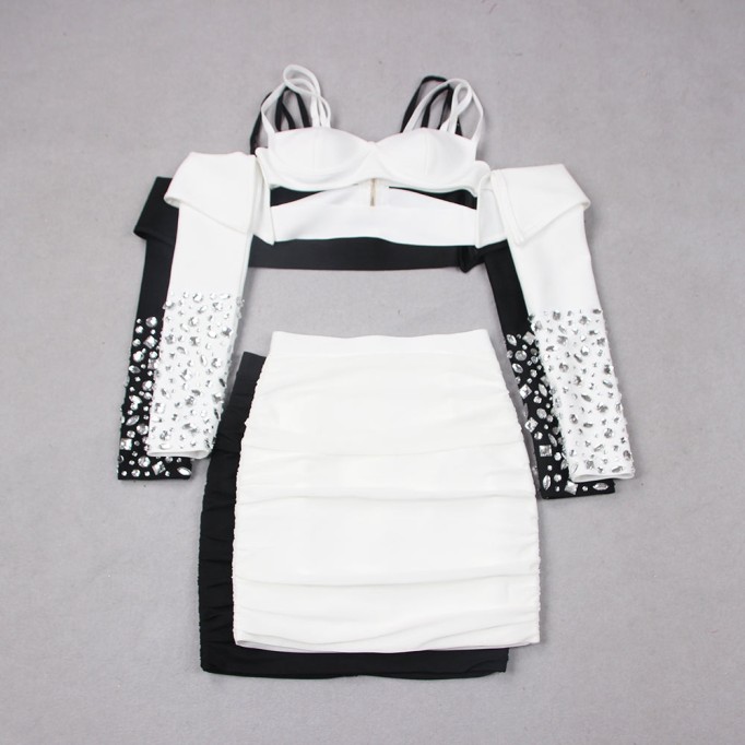 Strappy Long Sleeve Diamente Embellished Bandage Set HL9072