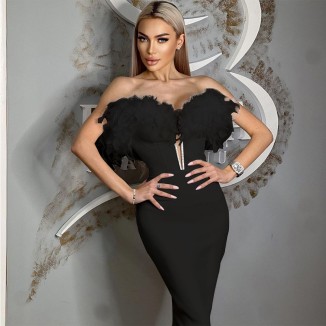 Off Shoulder Feather Midi Bandage Dress HL9275