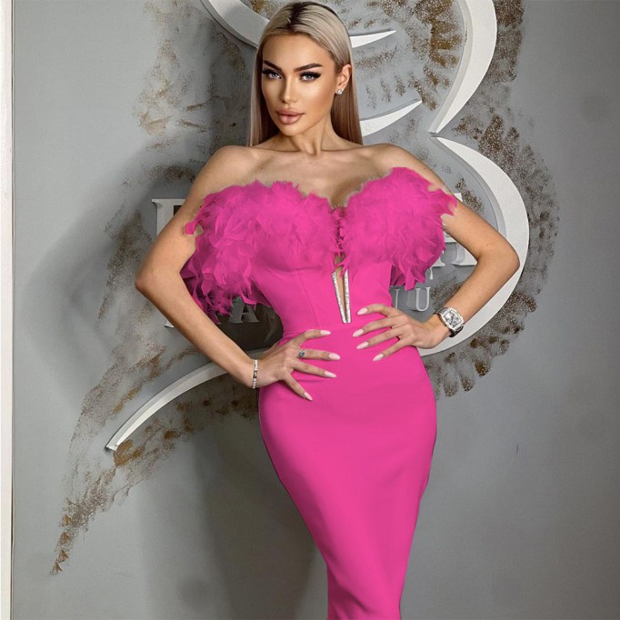 Off Shoulder Feather Midi Bandage Dress HL9275