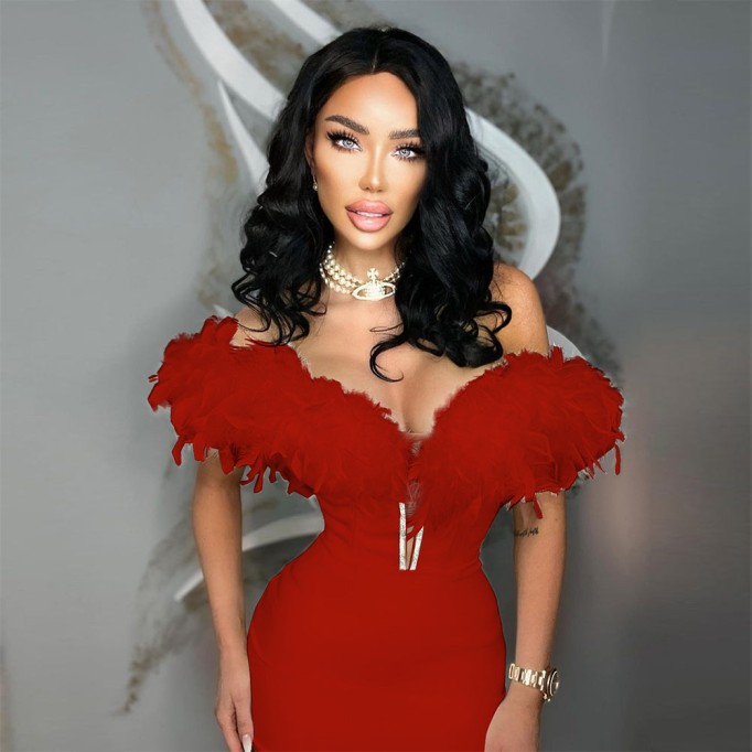 Off Shoulder Feather Midi Bandage Dress HL9275