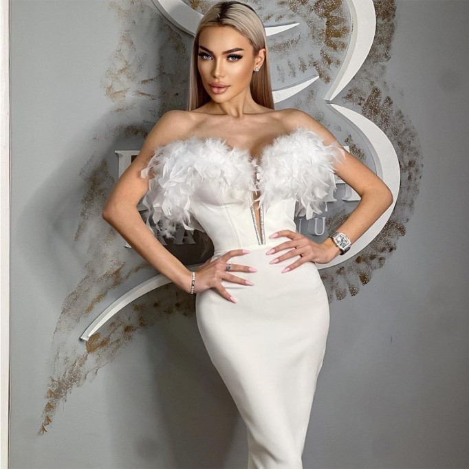 Off Shoulder Feather Midi Bandage Dress HL9275