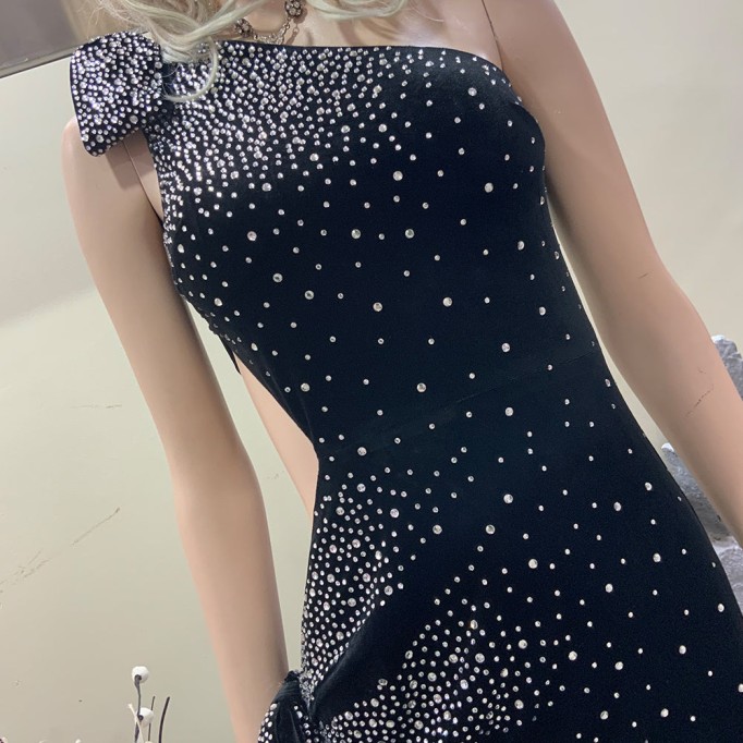 One Shoulder Sleeveless Rhinestone Maxi Bodycon Dress HT3036